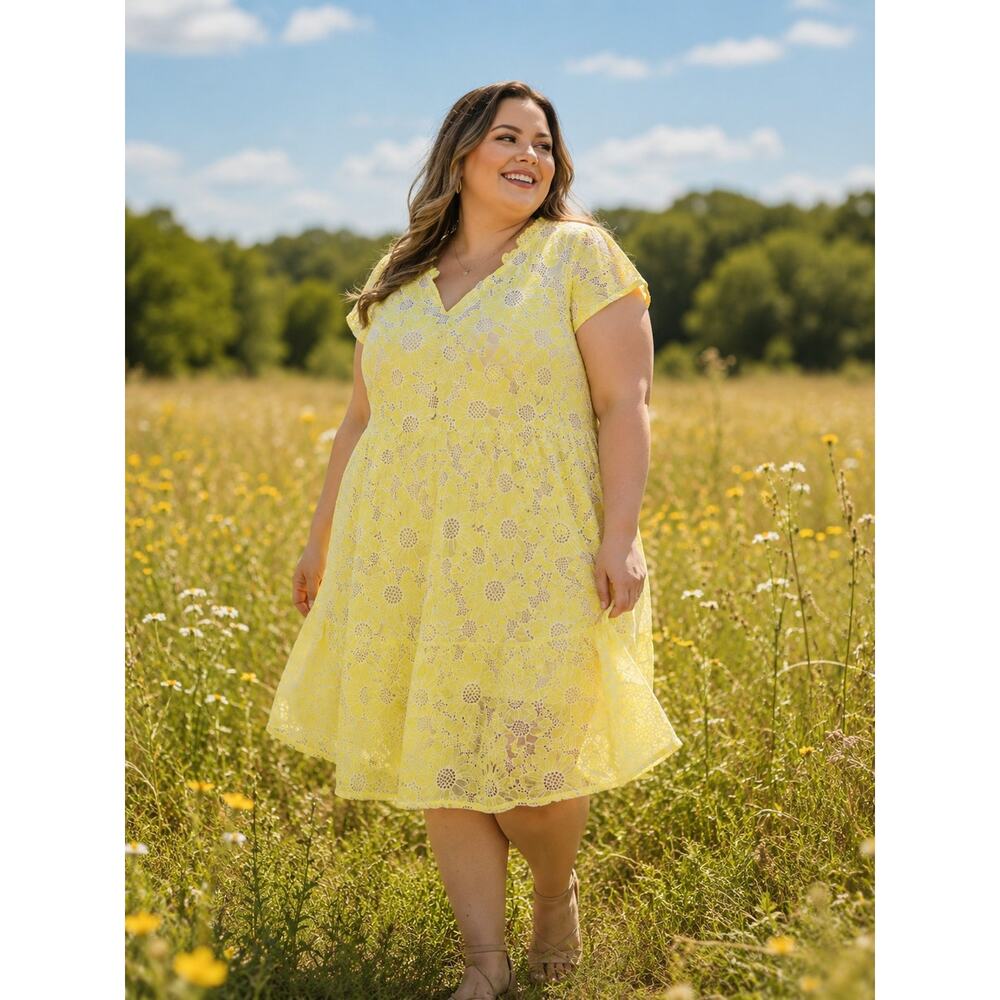 Talbots Floral Eyelet Yellow Fit Flare Cottagecore Ruffle Summer Dress Sz 22WP